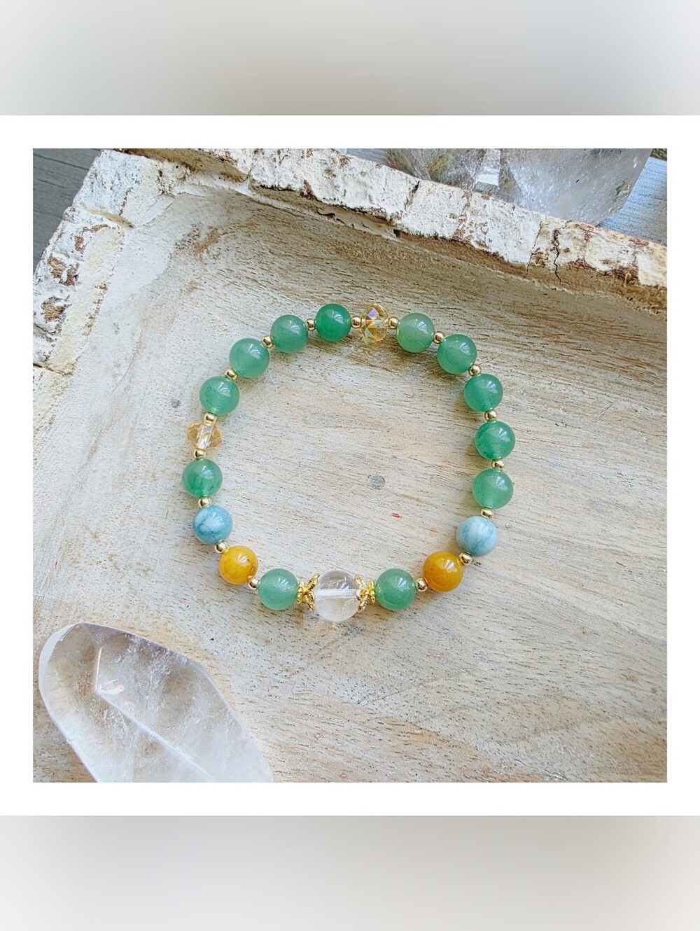 Cottagecore Green Aventurine Beaded Stretch Bracelet with Yellow Accents